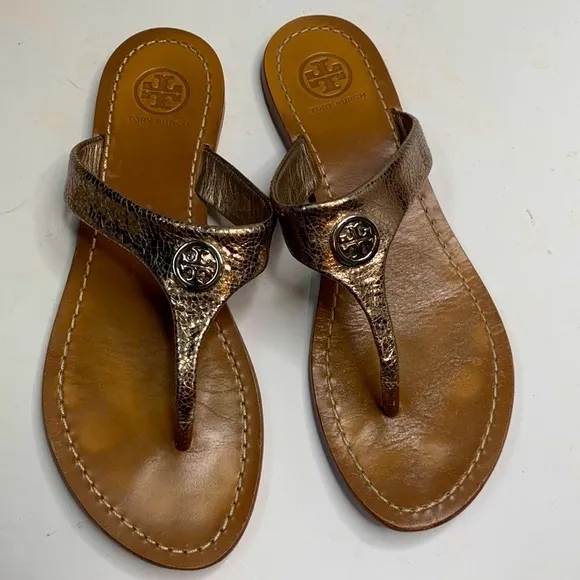 TORY BURCH Cameron Natural Gold Leather Thong Sandals S-119 Sz 7