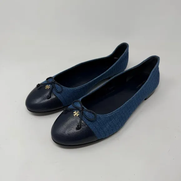 Tory Burch Cap Toe Leather Ballet Flats Blue Denim Size 11