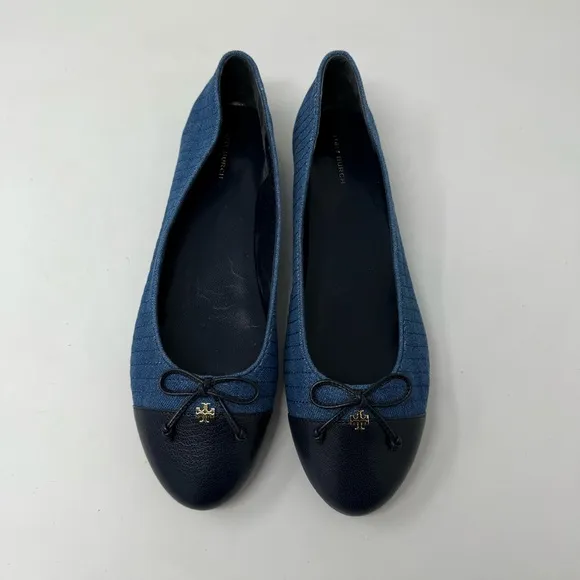 Tory Burch Cap Toe Leather Ballet Flats Blue Denim Size 11