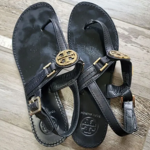 Tory Burch Cassia Black Leather Thong Sandals Size 8.5