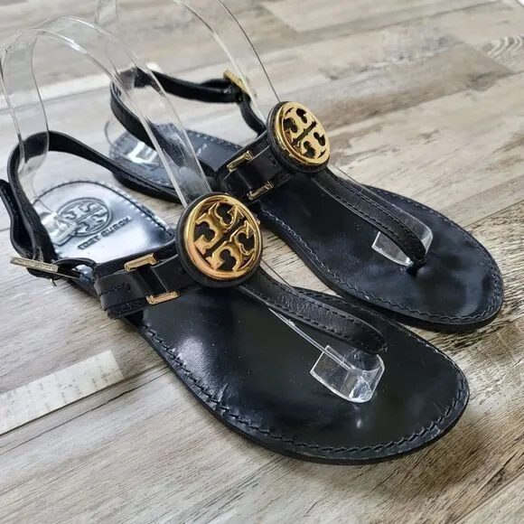 Tory Burch Cassia Black Leather Thong Sandals Size 8.5