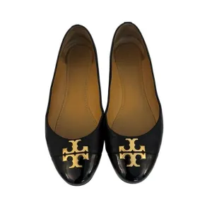 Tory Burch Double TLogo Everly Ballet Flats Leather Cap Toe Black Shoes 9