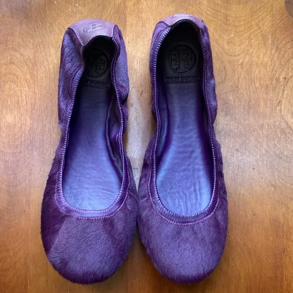 Tory Burch Eddie Ballet Flats Violet Purple Calf Hair Leather Women's Size 8.5