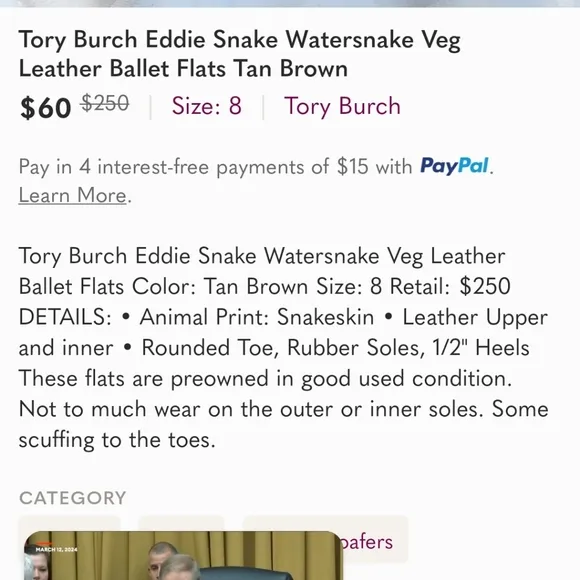 Tory Burch Eddie Snakeskin Round Toe Flats sz5