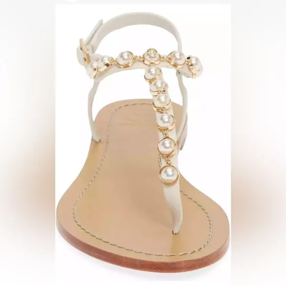 TORY BURCH Emmy Pearl Thong Linen White Leather Sandals