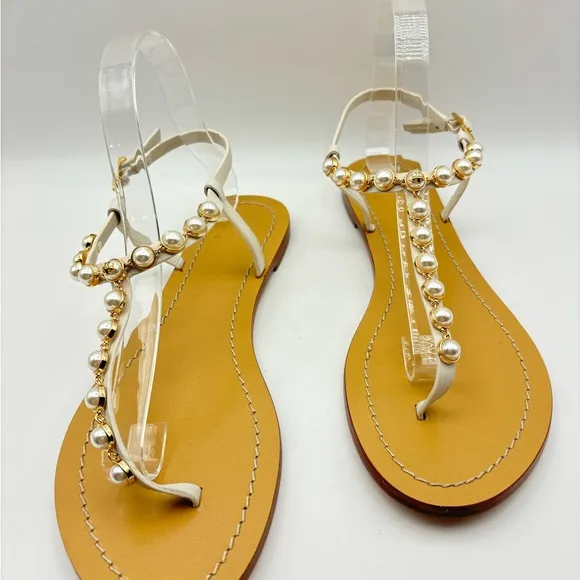 TORY BURCH Emmy Pearl Thong Linen White Leather Sandals