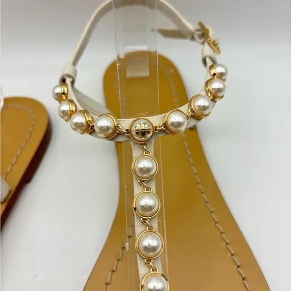 TORY BURCH Emmy Pearl Thong Linen White Leather Sandals