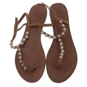 Tory Burch Emmy Pearl Thong Tan Leather Studded Thong Slingback Sandals Size 11