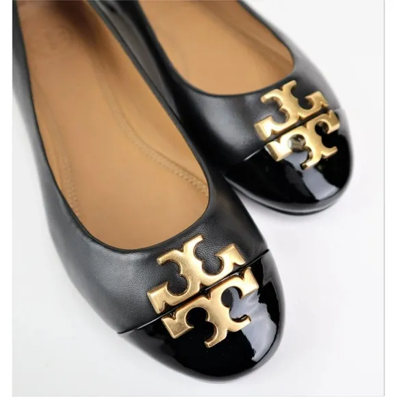 TORY BURCH Everly Cap Toe Ballet Flats Leather Black Black Flats Gold logo Sz 9