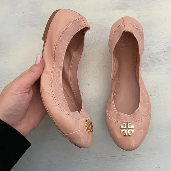 Tory Burch Jolie Ballet Flats Blush Pink Scrunch Patent Leather Ballerina