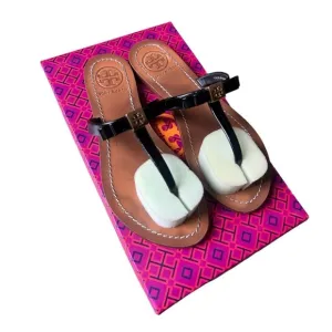 Tory Burch Leighanne Saffiano Black Patent Leather Thong Sandals with Box, Sz 6