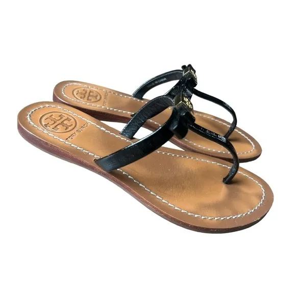 Tory Burch Leighanne Saffiano Black Patent Leather Thong Sandals with Box, Sz 6