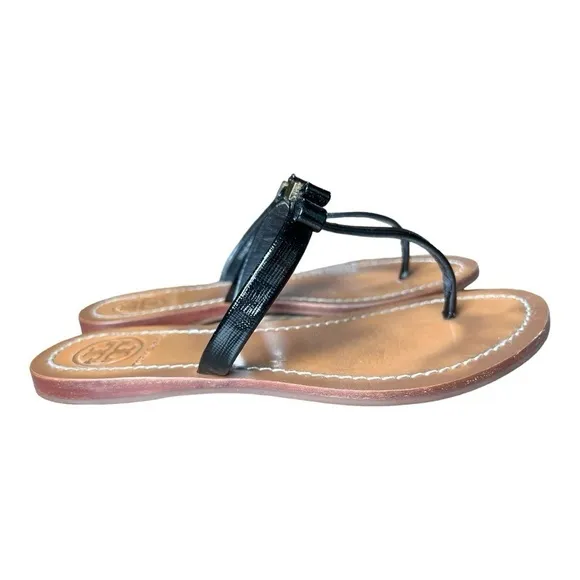 Tory Burch Leighanne Saffiano Black Patent Leather Thong Sandals with Box, Sz 6