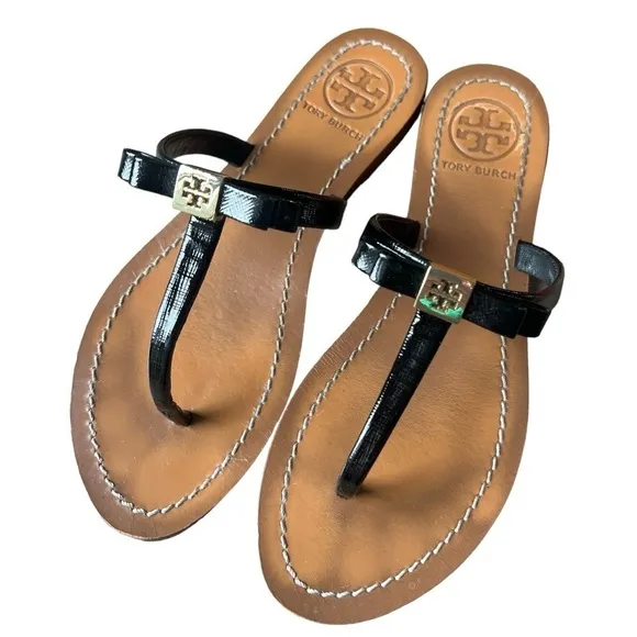 Tory Burch Leighanne Saffiano Black Patent Leather Thong Sandals with Box, Sz 6