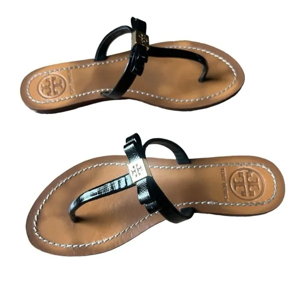 Tory Burch Leighanne Saffiano Black Patent Leather Thong Sandals with Box, Sz 6