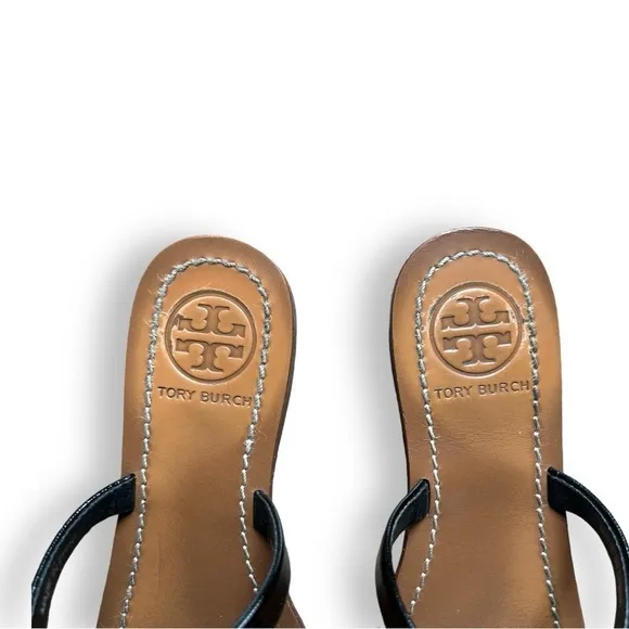Tory Burch Leighanne Saffiano Black Patent Leather Thong Sandals with Box, Sz 6