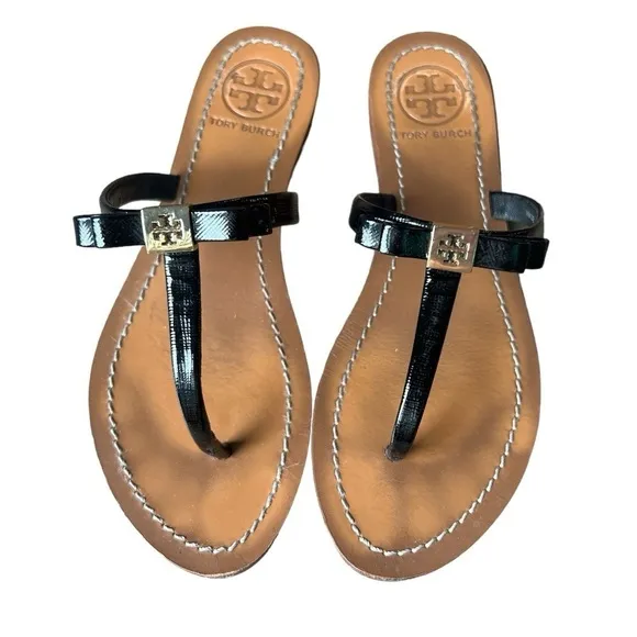 Tory Burch Leighanne Saffiano Black Patent Leather Thong Sandals with Box, Sz 6