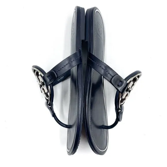 Tory Burch Metal Miller Sandals Thong Navy Blue Silver Logo Leather Slide Sz 6.5