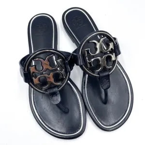 Tory Burch Metal Miller Sandals Thong Navy Blue Silver Logo Leather Slide Sz 6.5