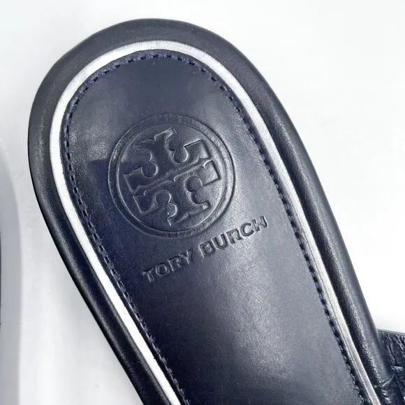 Tory Burch Metal Miller Sandals Thong Navy Blue Silver Logo Leather Slide Sz 6.5
