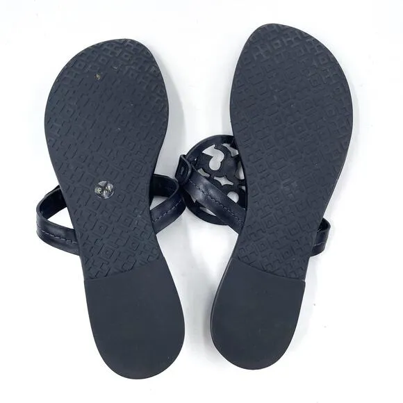 Tory Burch Metal Miller Sandals Thong Navy Blue Silver Logo Leather Slide Sz 6.5