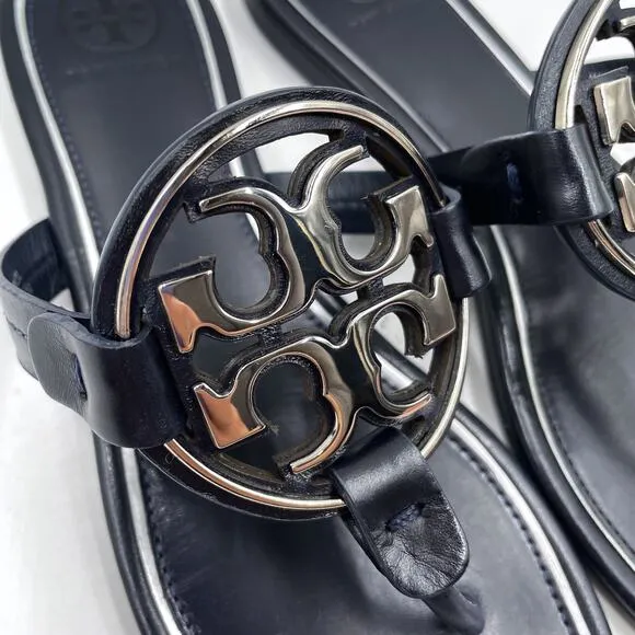 Tory Burch Metal Miller Sandals Thong Navy Blue Silver Logo Leather Slide Sz 6.5