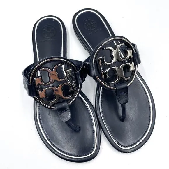 Tory Burch Metal Miller Sandals Thong Navy Blue Silver Logo Leather Slide Sz 6.5