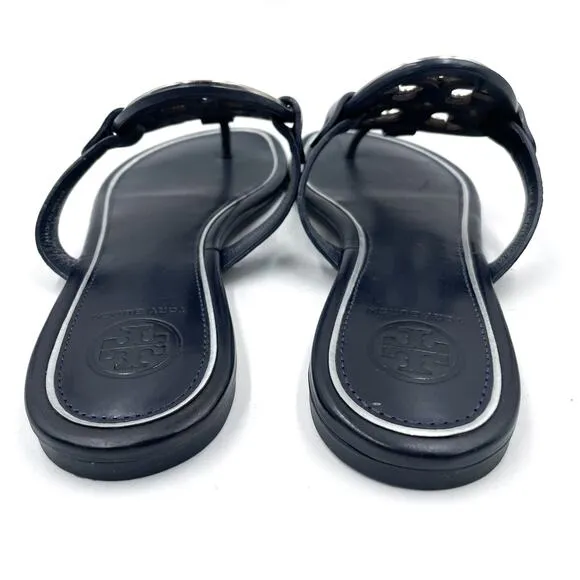 Tory Burch Metal Miller Sandals Thong Navy Blue Silver Logo Leather Slide Sz 6.5