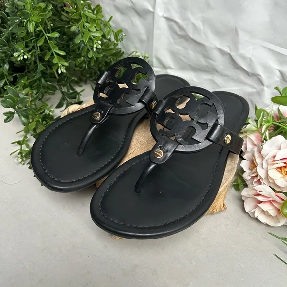 TORY BURCH Miller black leather Sandals size 7 women thong summer sandals
