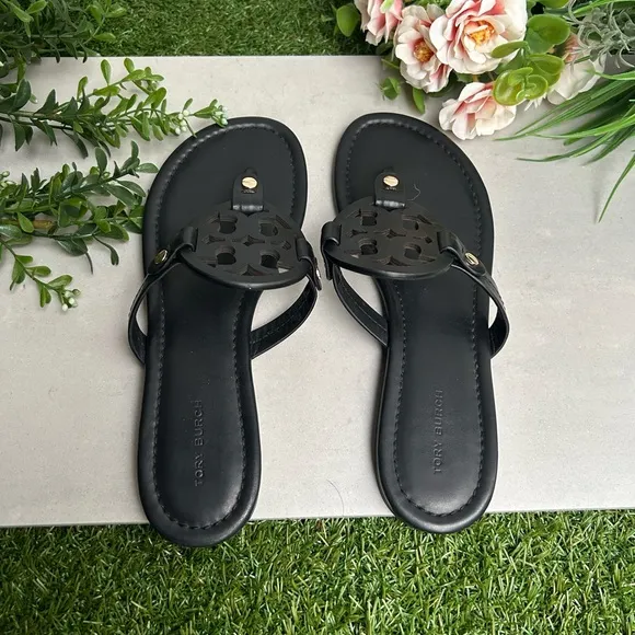 TORY BURCH Miller black leather Sandals size 7 women thong summer sandals