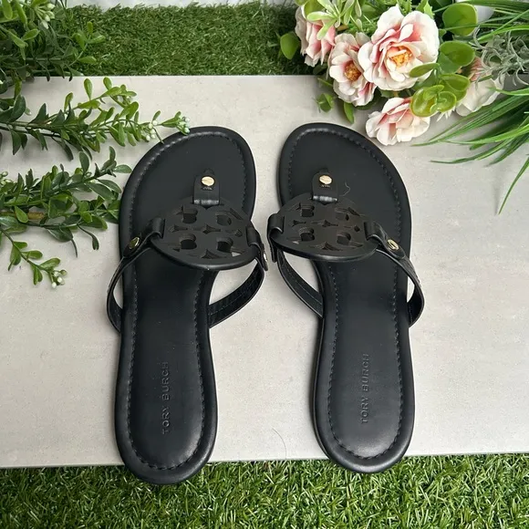 TORY BURCH Miller black leather Sandals size 7 women thong summer sandals