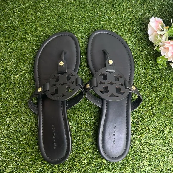 TORY BURCH Miller black leather Sandals size 7 women thong summer sandals
