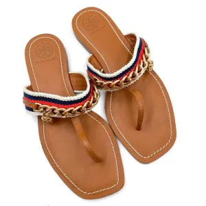 Tory Burch Mini Benton Chain Stripe Sandals Flat Brown Thong Leather Sz 6.5