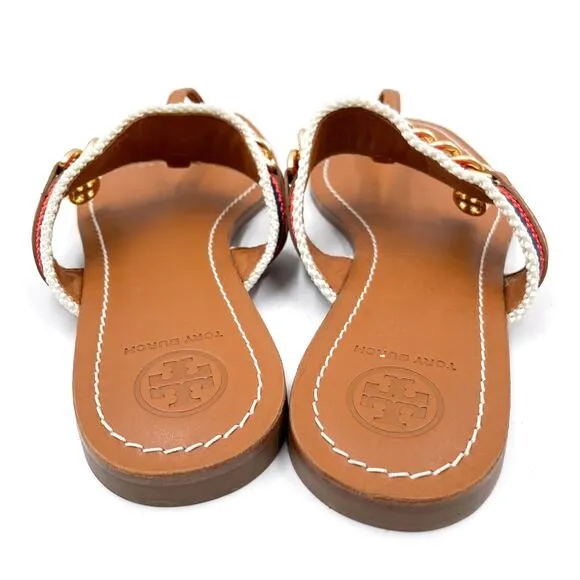 Tory Burch Mini Benton Chain Stripe Sandals Flat Brown Thong Leather Sz 6.5