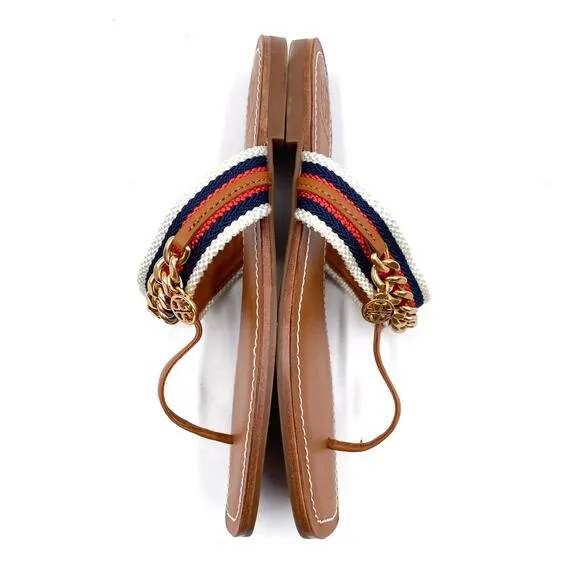 Tory Burch Mini Benton Chain Stripe Sandals Flat Brown Thong Leather Sz 6.5