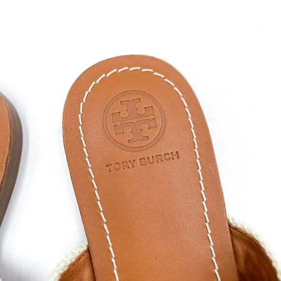 Tory Burch Mini Benton Chain Stripe Sandals Flat Brown Thong Leather Sz 6.5