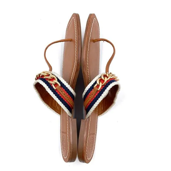 Tory Burch Mini Benton Chain Stripe Sandals Flat Brown Thong Leather Sz 6.5