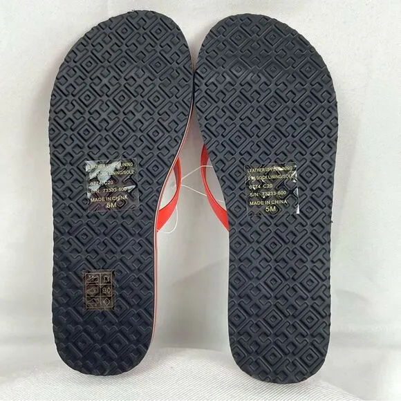 Tory Burch Minnie Flip Flops Sz 5 Logo Red Grenadine Thongs New Flat Sandals