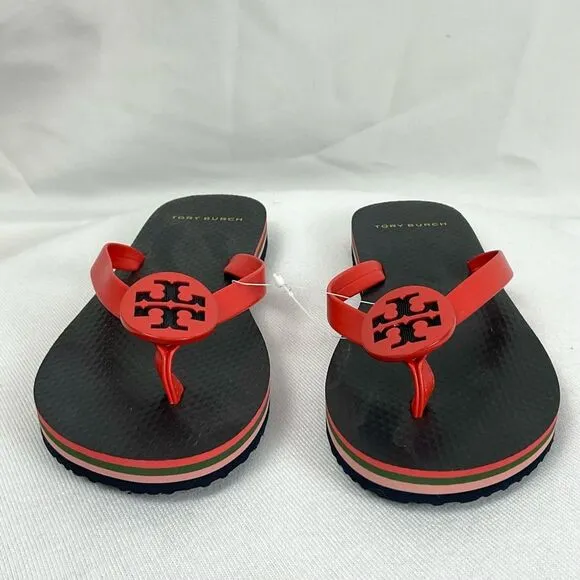 Tory Burch Minnie Flip Flops Sz 5 Logo Red Grenadine Thongs New Flat Sandals