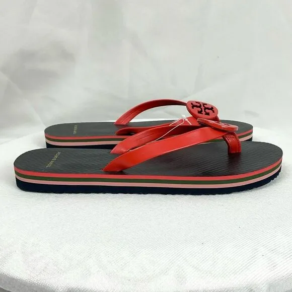 Tory Burch Minnie Flip Flops Sz 5 Logo Red Grenadine Thongs New Flat Sandals