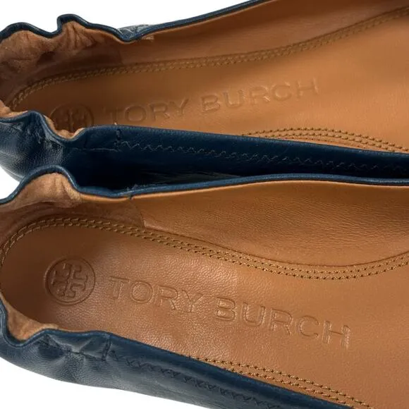 Tory Burch Multi Logo Cap Toe Leather Elastic Round Toe Ballet Flats Womens 7