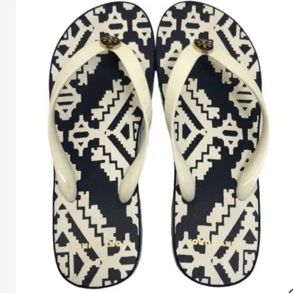 Tory Burch navy blue and ivory platform thong sandals size 8.5 NWOT