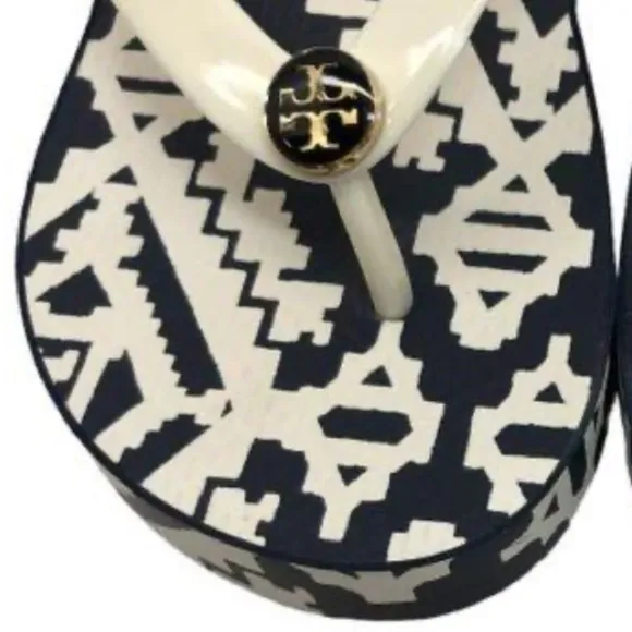 Tory Burch navy blue and ivory platform thong sandals size 8.5 NWOT
