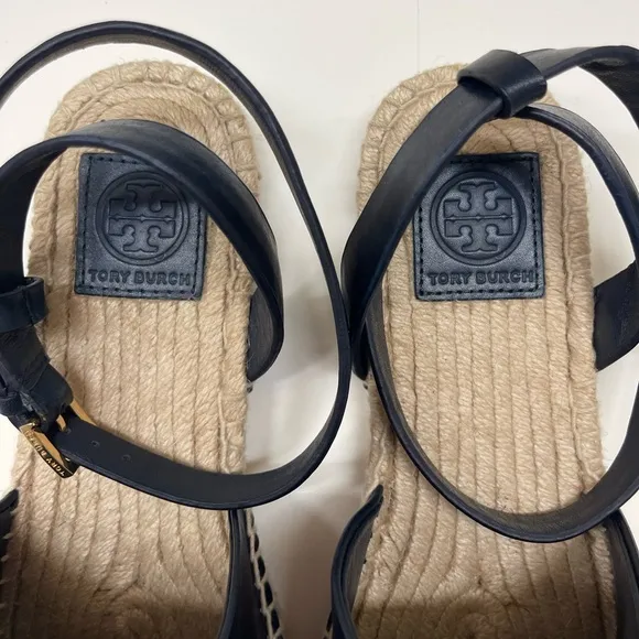 Tory Burch Navy Blue Landon Espadrille Ankle Wrap Open Toe Sandals size 9.5.