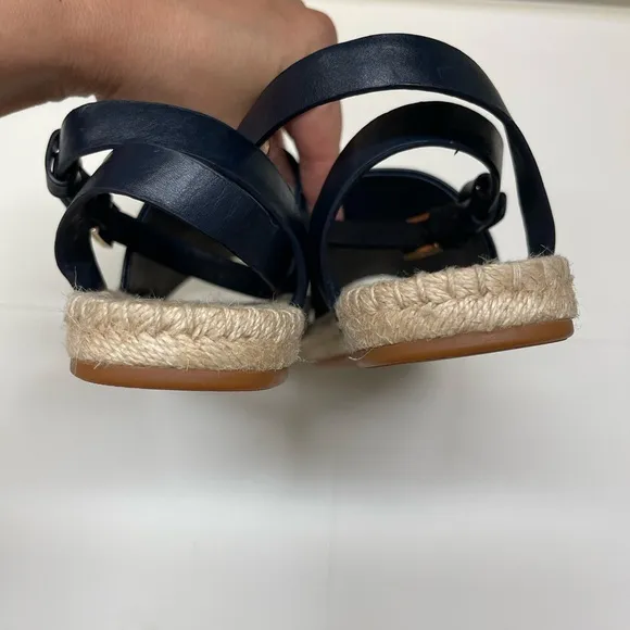 Tory Burch Navy Blue Landon Espadrille Ankle Wrap Open Toe Sandals size 9.5.