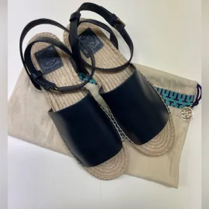 Tory Burch Navy Blue Landon Espadrille Ankle Wrap Open Toe Sandals size 9.5.