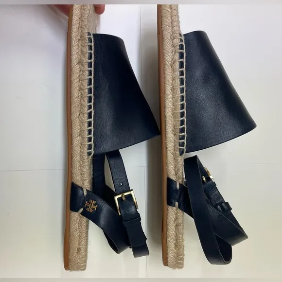 Tory Burch Navy Blue Landon Espadrille Ankle Wrap Open Toe Sandals size 9.5.