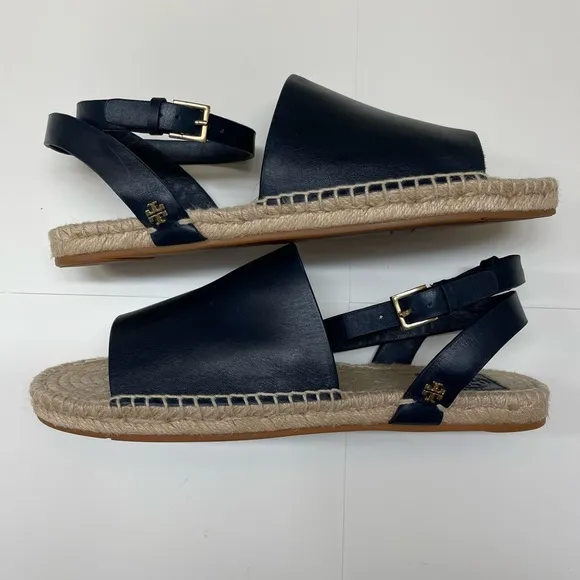 Tory Burch Navy Blue Landon Espadrille Ankle Wrap Open Toe Sandals size 9.5.