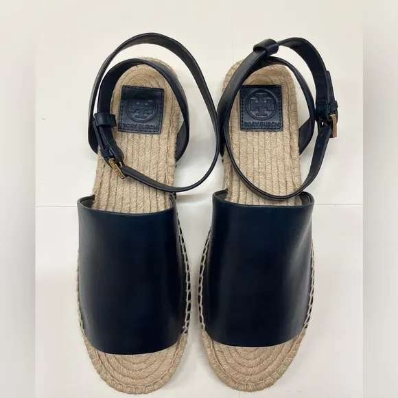 Tory Burch Navy Blue Landon Espadrille Ankle Wrap Open Toe Sandals size 9.5.