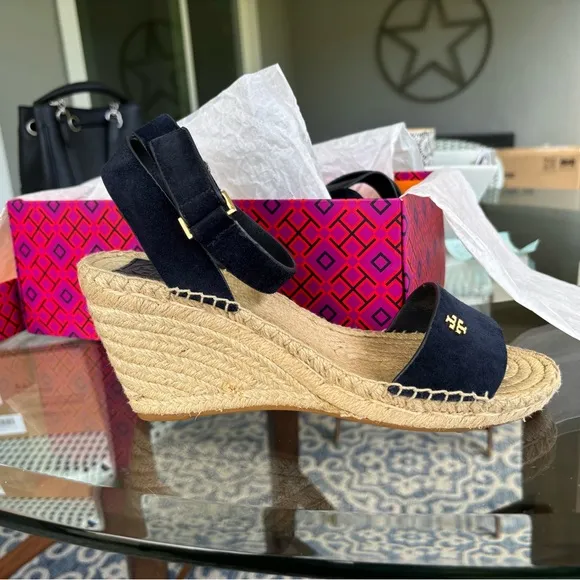Tory Burch Navy suede Espadrille with ankle strap size 8.5. Gold hardware.